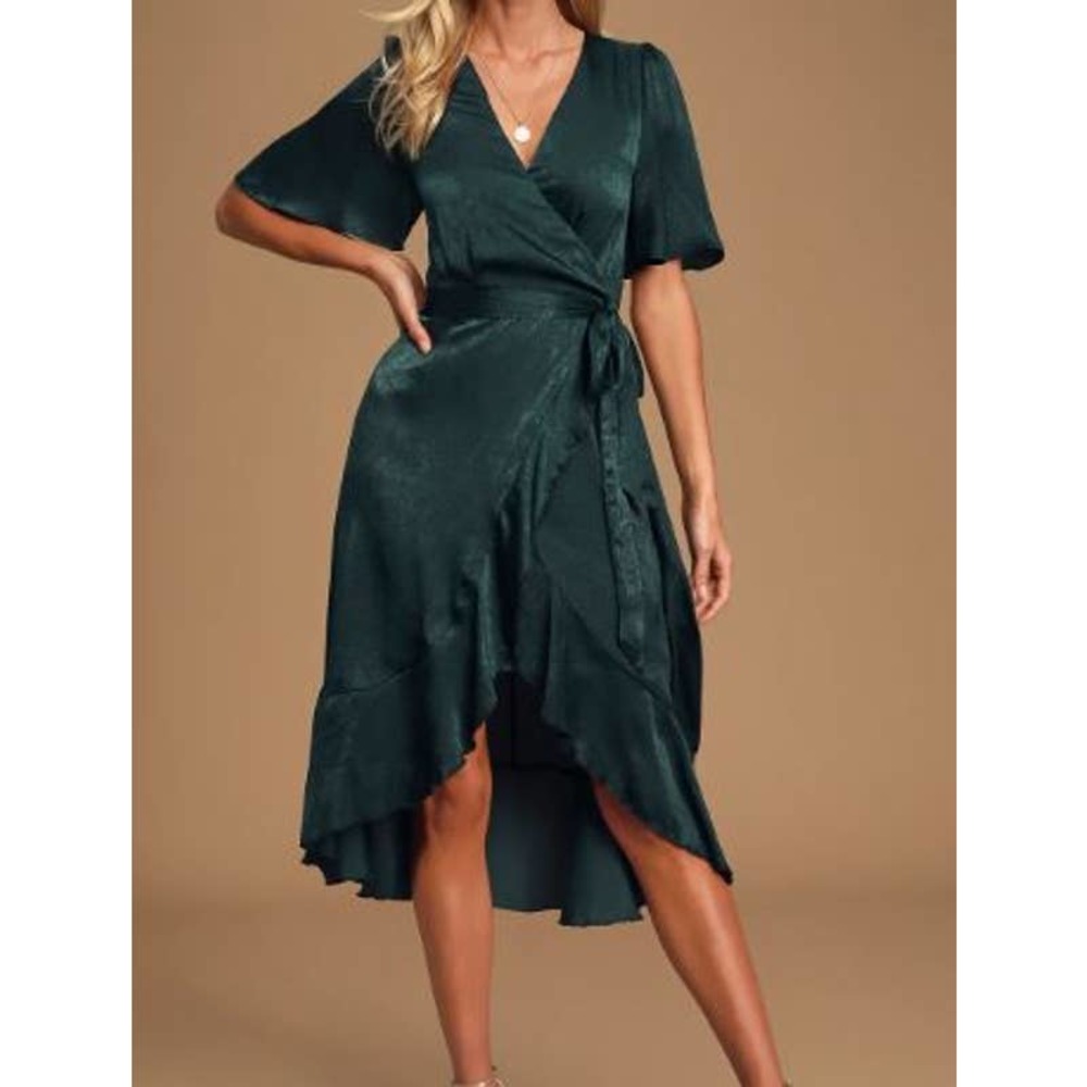 LULU'S sz S Wrapped Up In Love Dark Green Satin Faux-Wrap Midi Dress NEW B47